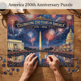 250 Years of America jigsaw puzzle featuring fireworks, the Washington Monument, and iconic buildings in a night scene.