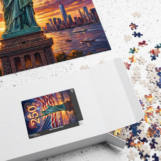 Puzzle with Statue of Liberty and New York City skyline, partially completed, with packaging and missing pieces.