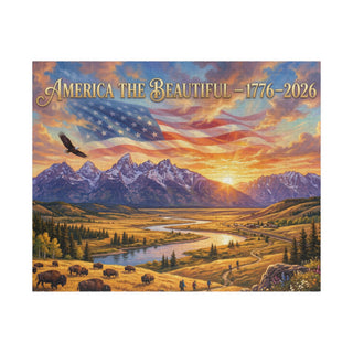Scenic poster with mountains, river, and American flag, featuring 'America the Beautiful 1776-2026' text.
