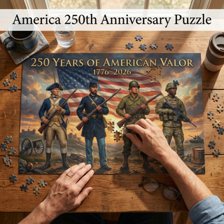 Jigsaw puzzle titled '250 Years of American Valor' with four soldiers and an American flag on a wooden table.