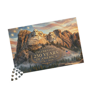 Mount Rushmore 250th Anniversary jigsaw puzzle with 252 pieces, featuring the monument and American flag backdrop.