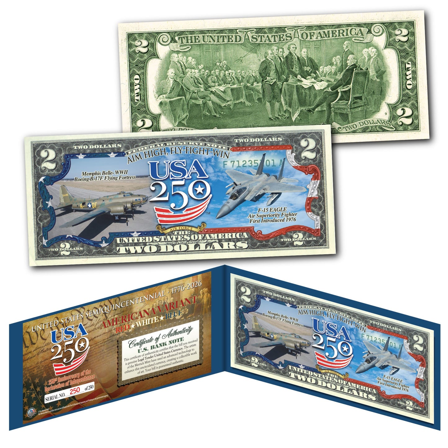 [FLAG BORDER] U.S. Air Force "AIM HIGH, FLY-FIGHT" - Genuine Legal Tender U.S. $2 Bill (250 Available & Individually Numbered)