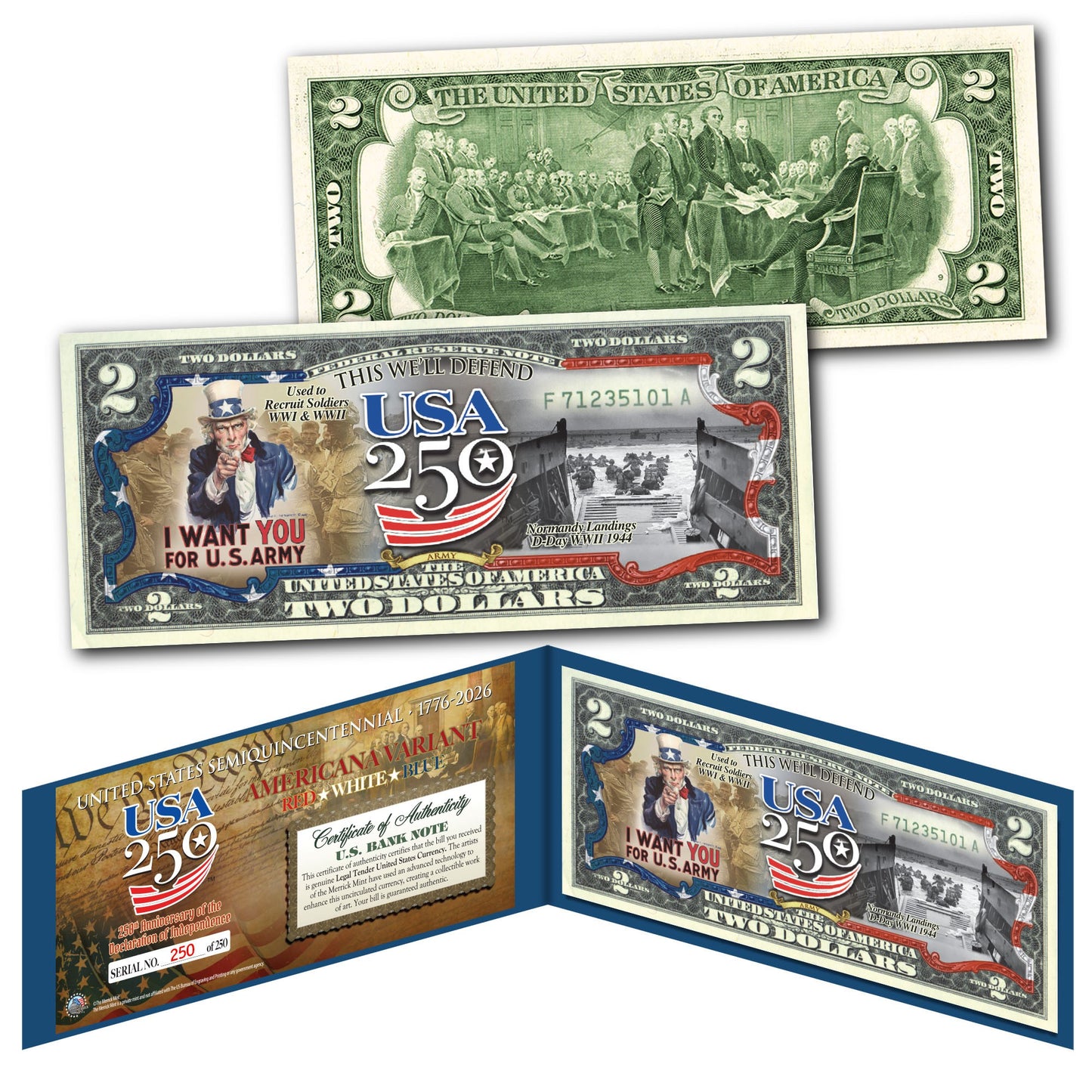 [FLAG BORDER] USA 250th Anniversary Military Collectible $2 Bill Bundle [SAVE 10%] (250 Available & Individually Numbered)