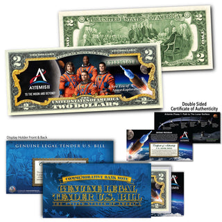 Artemis II colorized $2 bill featuring astronauts, with a certificate of authenticity and display holder included.