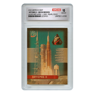 Artemis II collectible pearl gold trading card, featuring a rocket launch and mission details, graded GEM-MT 10. Limited e...