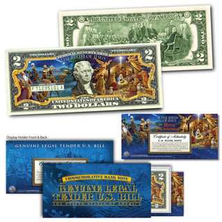 The Birth of Jesus collectible $2 bill featuring colorful artwork and a certificate of authenticity.