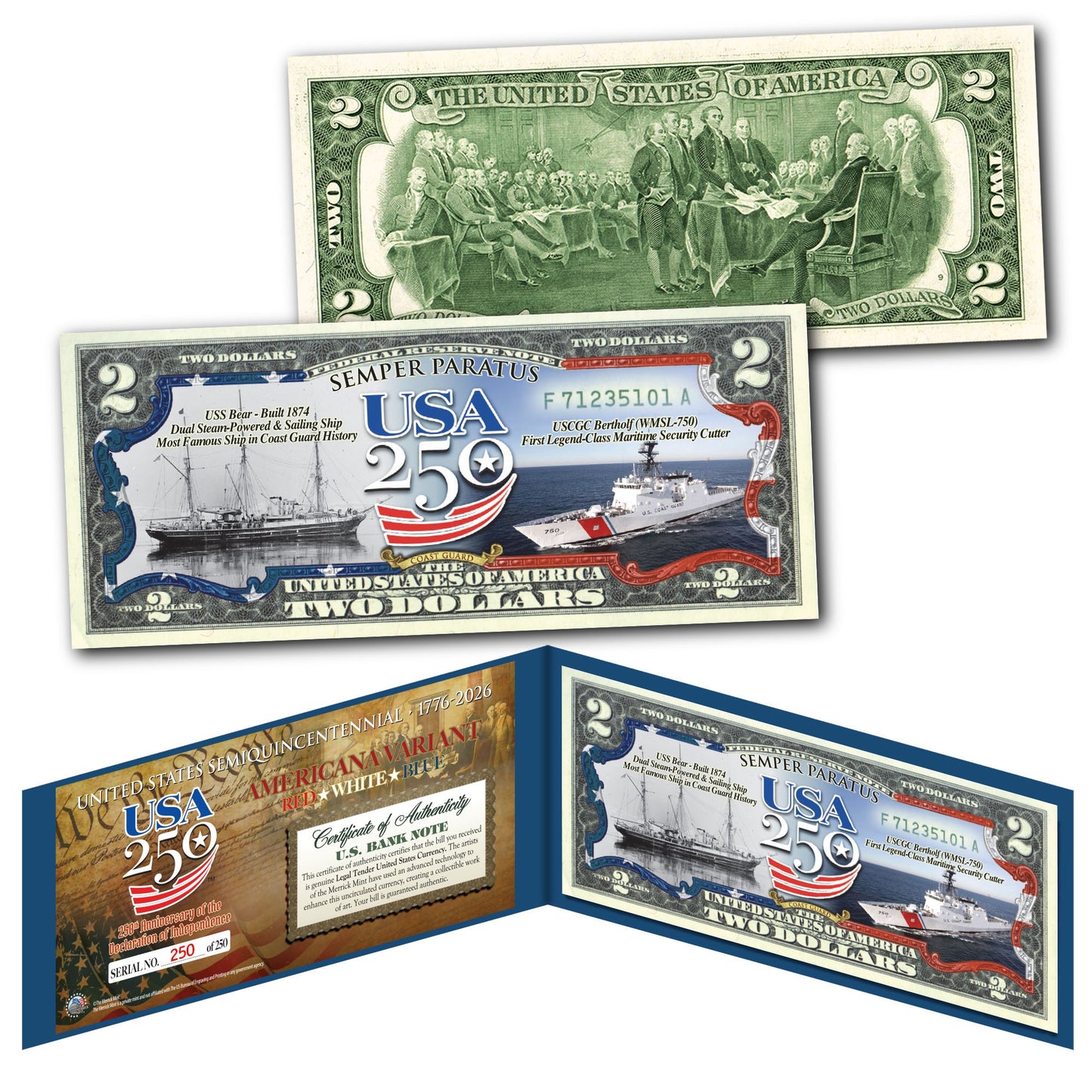 [FLAG BORDER] USA 250th Anniversary Military Collectible $2 Bill Bundle [SAVE 10%] (250 Available & Individually Numbered)