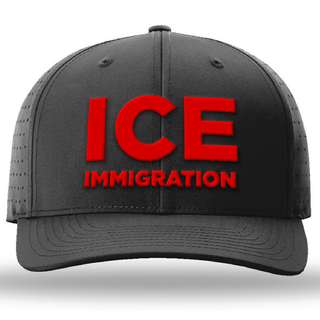 Black cap featuring a red embroidered "ICE" and "IMMIGRATION" text on the front.