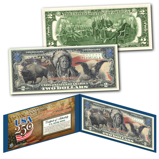 USA 250th Anniversary $2 Bill – Black Eagle, Indian Chief & American Bison | Genuine Legal Tender