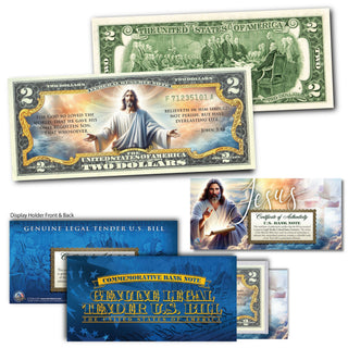 Collectible $2 bill featuring Jesus and clouds, with text from John 3:16 on the front and back.