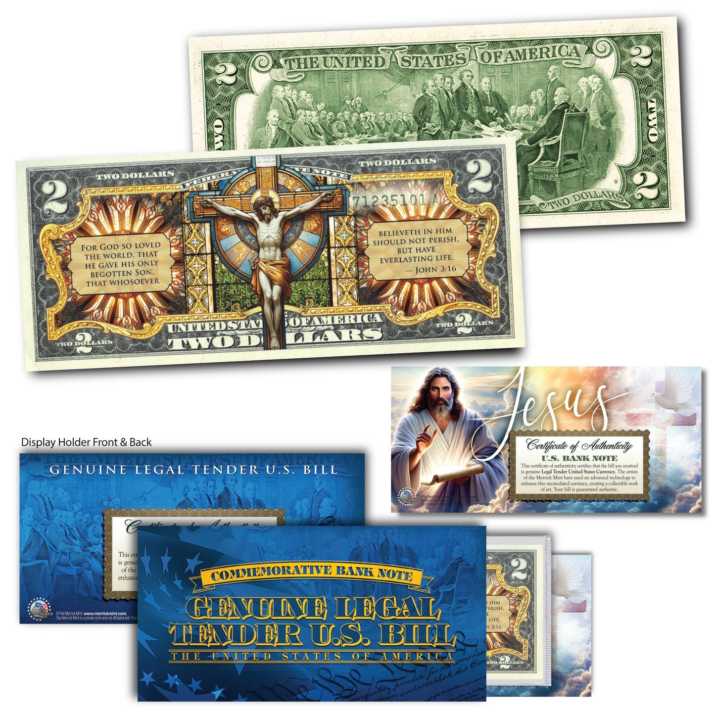Jesus Stained Glass John 3:16 - Collectible Genuine Legal Tender $2 Bill