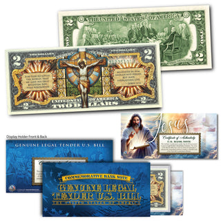 Jesus stained glass design on a collectible $2 bill, featuring the text "For God so loved the world" and John 3:16.
