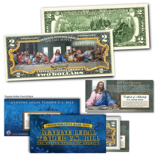 The Last Supper collectible $2 bill featuring artwork and a certificate of authenticity in a display holder.