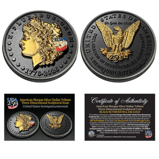 3D Morgan Silver Dollar Tribute Coin With USA 250 Privy Mark (Black Ruthenium & 24k Gold) — commemorative collectible coin from Proud Patriots