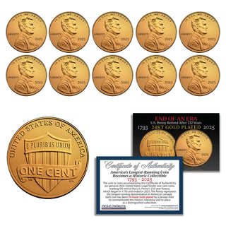 24KT gold-plated pennies dated 2025, arranged in a grid with a certificate of authenticity below.