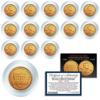 24KT gold-plated pennies dated 2025 displayed in capsules with a certificate of authenticity included.