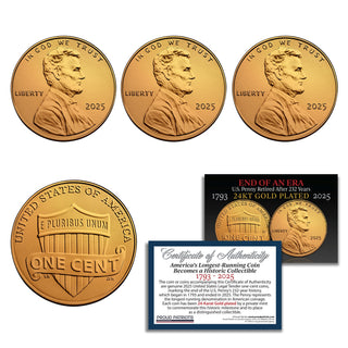 24KT gold-plated penny dated 2025, featuring Lincoln's portrait, with a certificate of authenticity included.