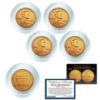 24KT gold-plated 2025 penny set in capsules with a certificate of authenticity, featuring Lincoln's portrait and inscripti...