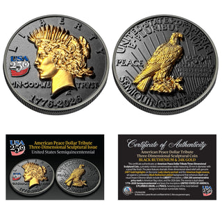 3D Peace Dollar Tribute Coin With USA 250 Privy Mark (Black Ruthenium & 24k Gold) — commemorative collectible coin from Proud Patriots