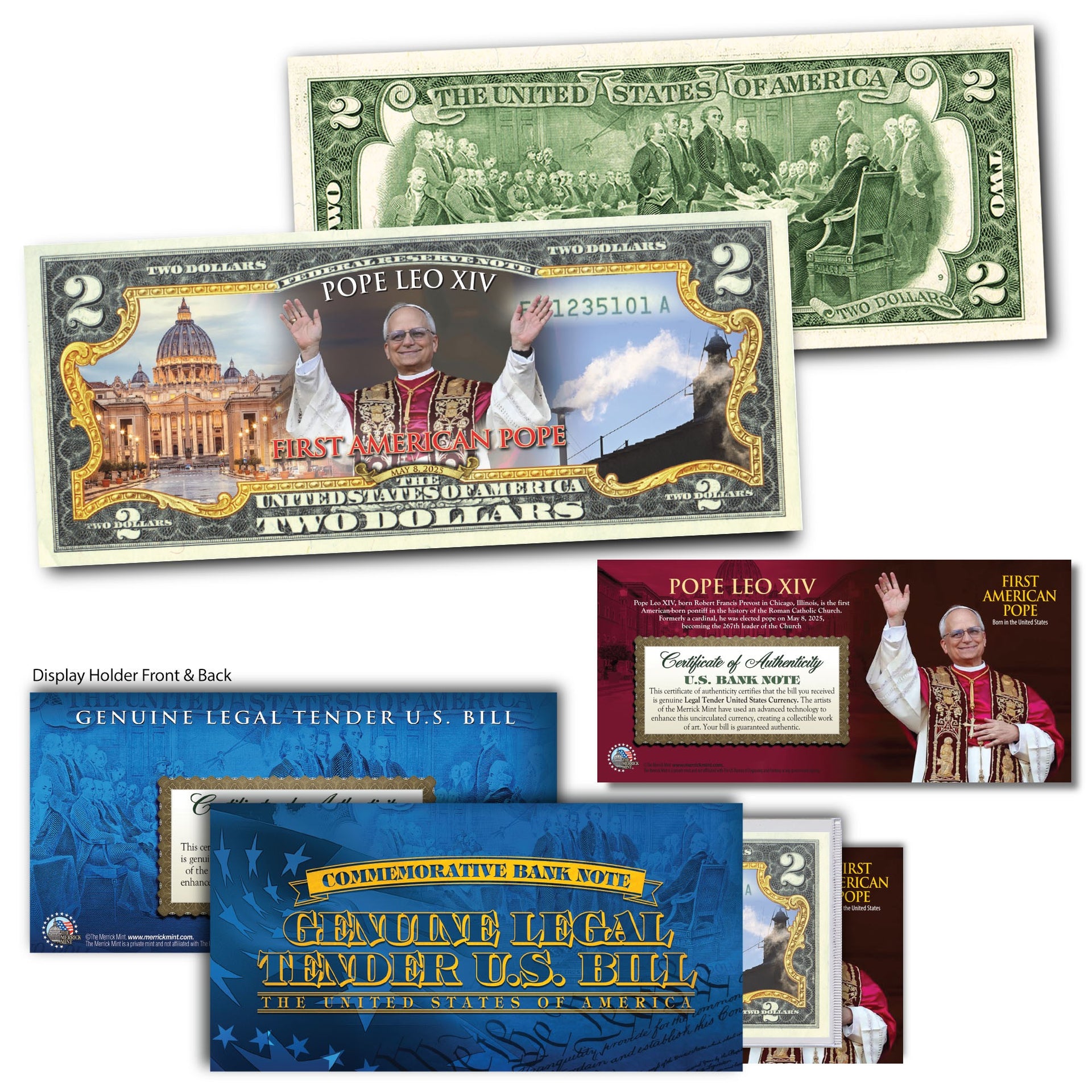 Collectible $2 bill featuring Pope Leo XIV, with images of the Vatican and a certificate of authenticity.