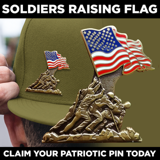 Iwo Jima 80th anniversary enamel pin featuring a flag on a soldier statue, displayed on a green cap.