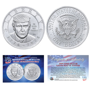 2026 Trump $1 Coin - Silver Edition - front and back with Certificate of Authenticity