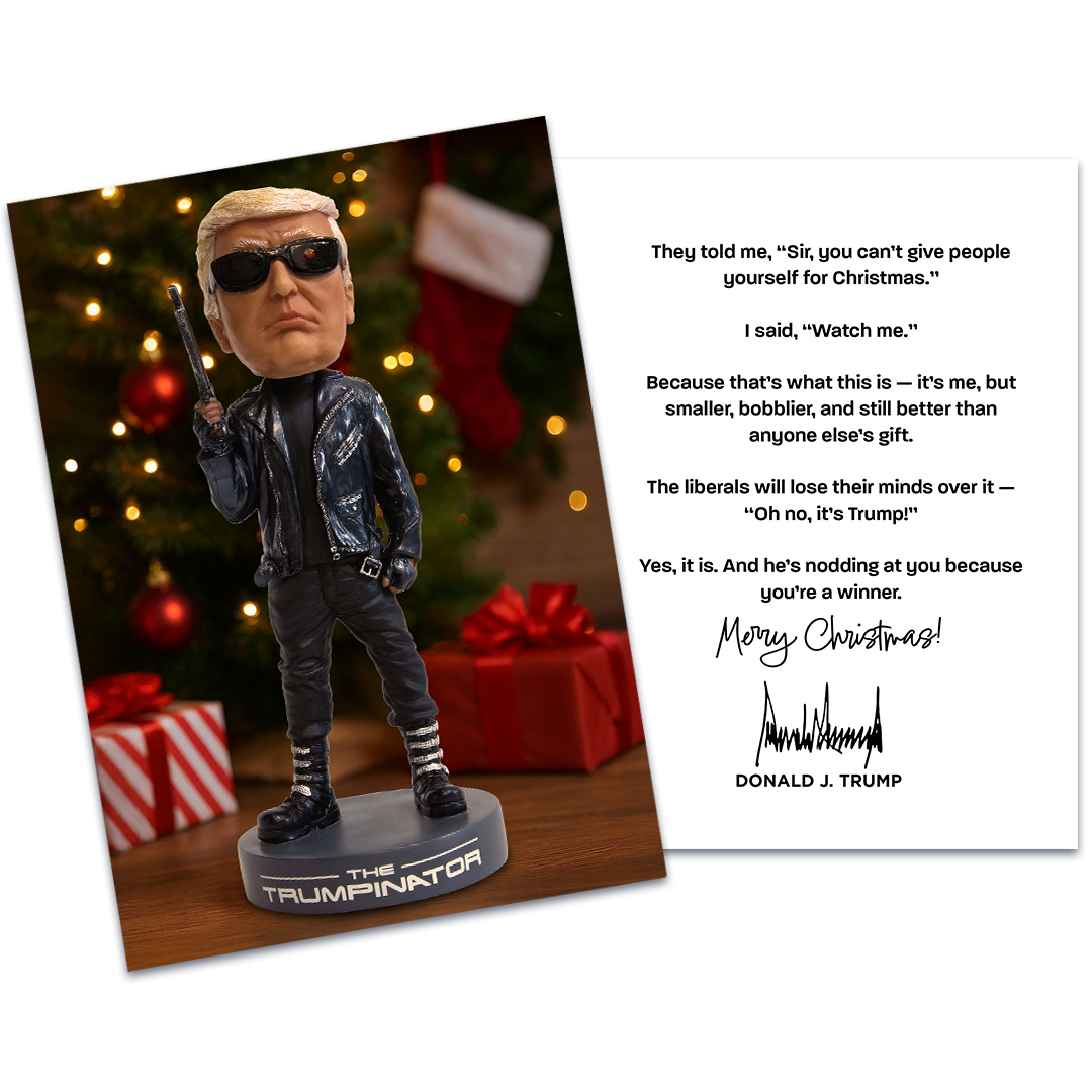 Trumpinator Bobblehead + Matching Christmas Card (Gift Bundle)
