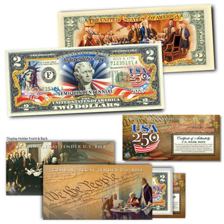 Independence Day collectible $2 bill with gold coin, featuring historical images and text on both sides.