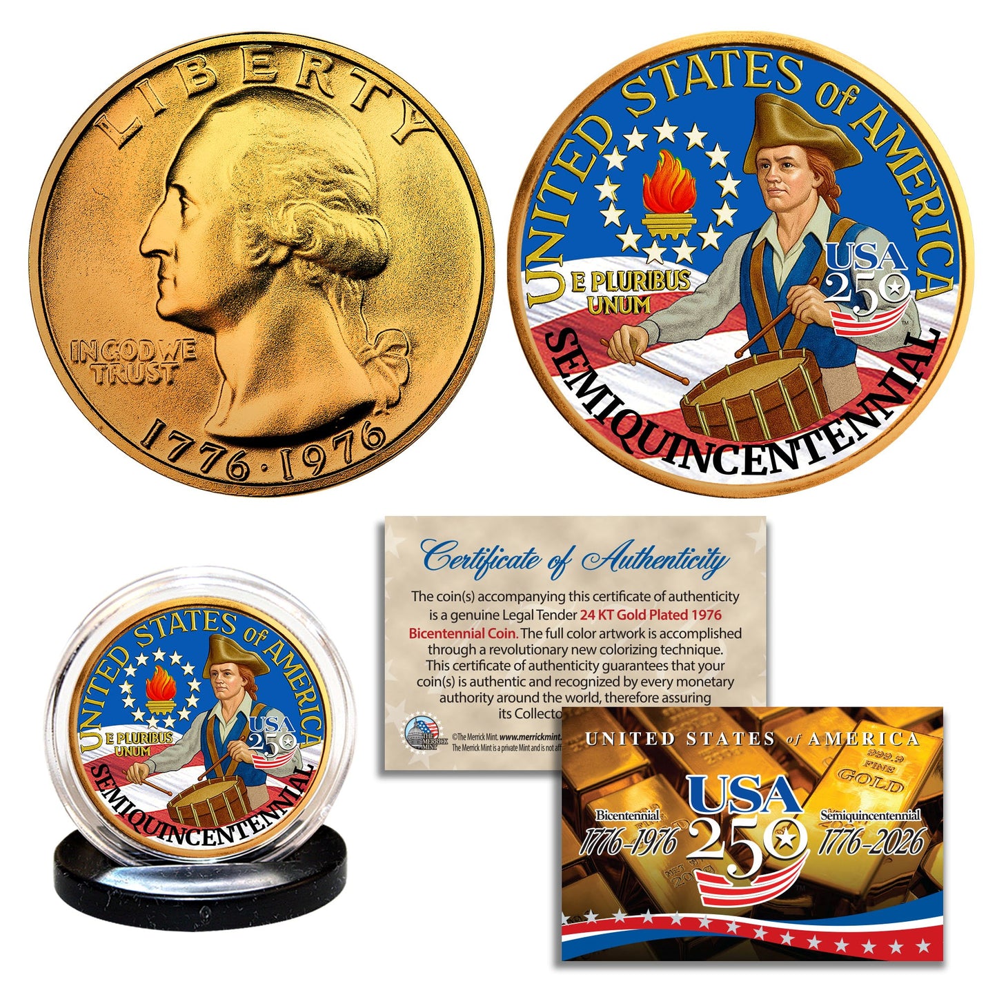 1976 Bicentennial – 24KT Gold Plated & Colorized Semiquincentennial Washington Quarter
