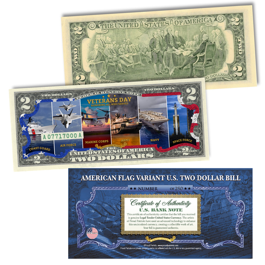 [FLAG BORDER] Veterans Day 2025 - Genuine Legal Tender U.S. $2 Bill (250 Available & Individually Numbered)