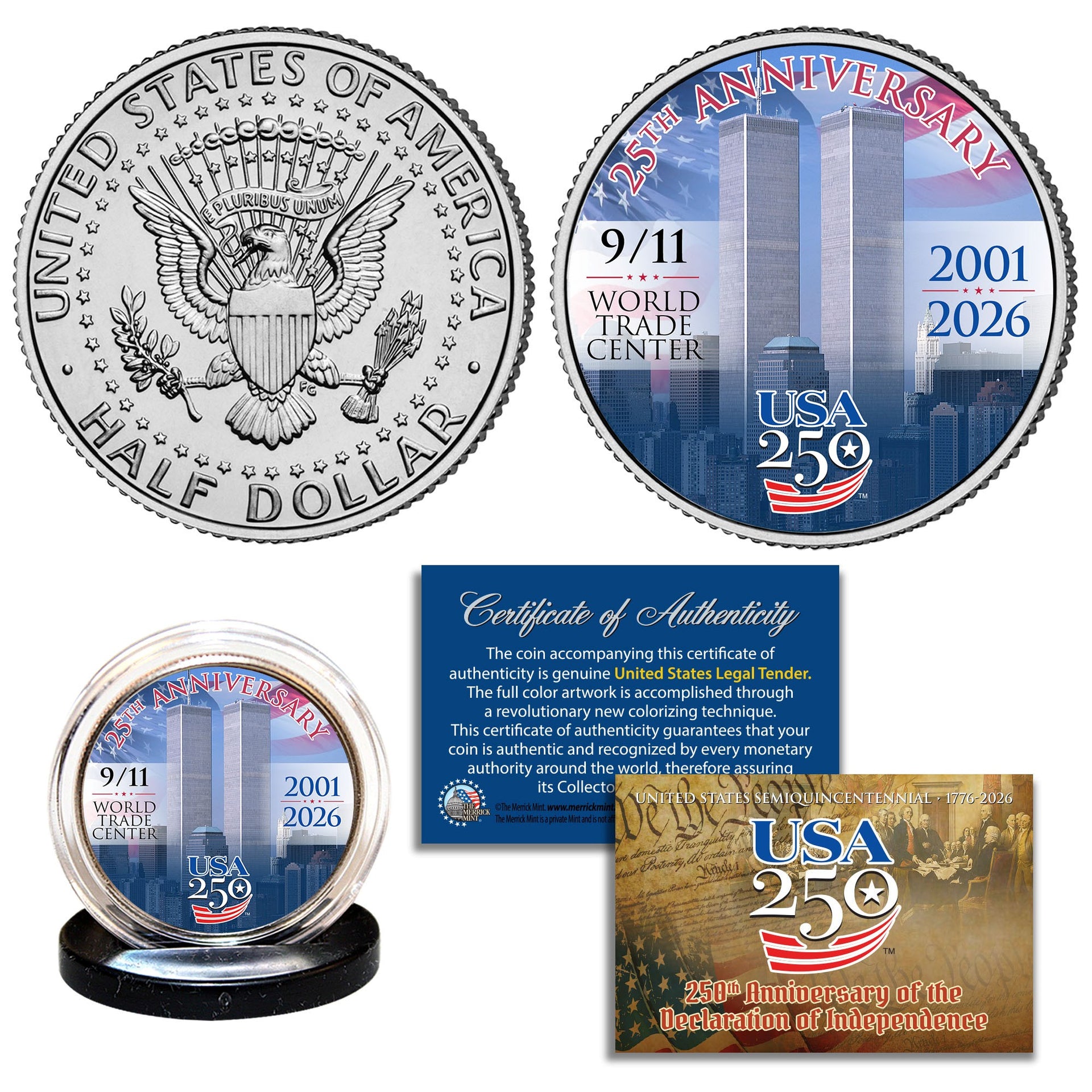 9/11 25th Anniversary and America's 250th Anniversary JFK half dollar coin with certificate of authenticity and display st...
