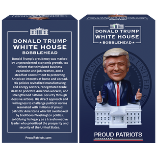 Donald Trump White House bobblehead in a blue box with text about his presidency and policies.