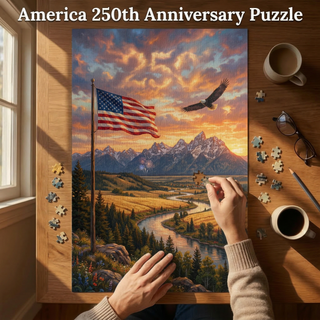 Jigsaw puzzle of a scenic landscape with an American flag and eagle, on a wooden board.