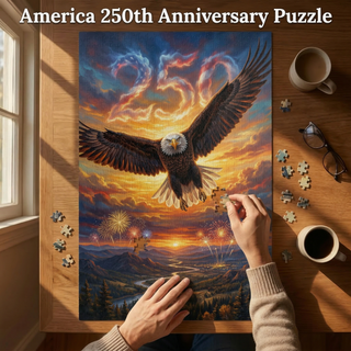 Person assembling a puzzle of an eagle and fireworks with 'America 250th Anniversary Puzzle' text.