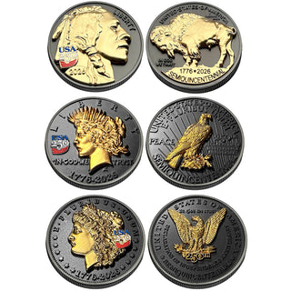 All Three 3D Tribute Coins With USA 250 Privy Marks (Black Ruthenium & 24k Gold) — commemorative collectible coin from Proud Patriots