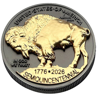 3D American Buffalo Indian Head Tribute Coin With USA 250 Privy Mark (Black Ruthenium & 24k Gold) — commemorative collectible coin, view 3
