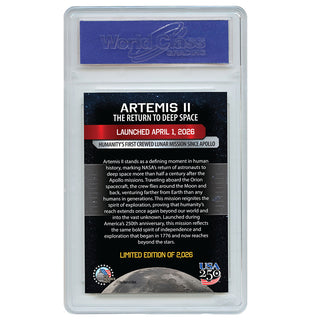Artemis II collectible trading card back, featuring details about the mission and WCG grading information.