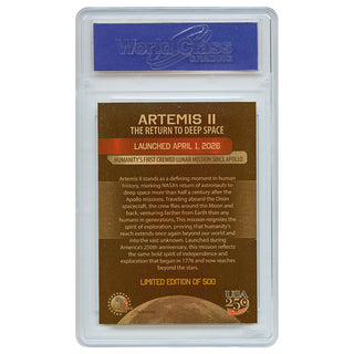 Artemis II trading card back, featuring details about the mission, grading information, and limited edition number.