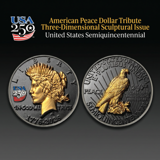 3D Peace Dollar Tribute Coin With USA 250 Privy Mark (Black Ruthenium & 24k Gold) — commemorative collectible coin, view 4