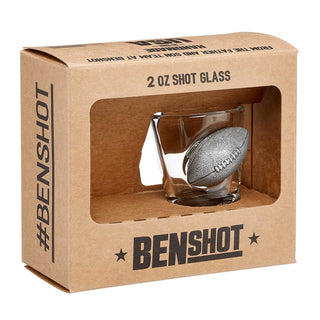 BenShot "Football Dad" shot glass in a cardboard box with a football design inside, labeled with brand name and size.