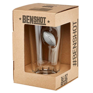 BenShot "Football Dad" pint glass in a cardboard box with a football embedded in the side.