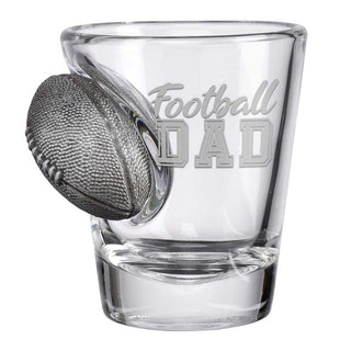 BenShot "Football Dad" glass featuring a football-shaped design and engraved text on a clear shot glass.