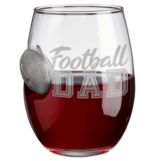 BenShot "Football Dad" glass featuring engraved text and a football-shaped design, filled with a dark red beverage.