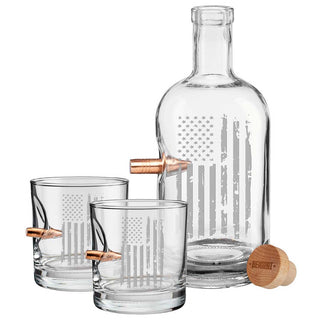 BenShot gift set featuring a glass decanter with American flag design and two matching whiskey glasses.