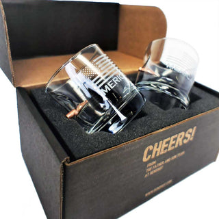 BenShot gift set featuring two clear whiskey glasses with American flag design, packaged in a black box.