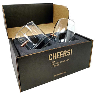 BenShot gift set featuring two clear whiskey glasses in a black box with foam padding and "Cheers!" printed on the front.