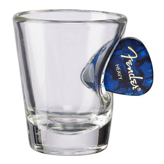 BenShot Guitar Pick Glasses featuring a clear shot glass with a blue Fender guitar pick embedded in the side.