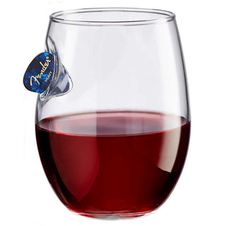 BenShot Guitar Pick Glasses with a blue guitar pick attached, filled with red liquid in a clear stemless glass.
