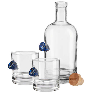 BenShot Guitar Pick Glasses set featuring two clear whiskey glasses and a glass bottle with blue guitar picks.