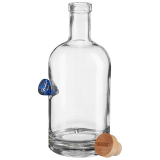 BenShot Guitar Pick Glasses featuring a clear glass bottle with a guitar pick embedded and a wooden cork.